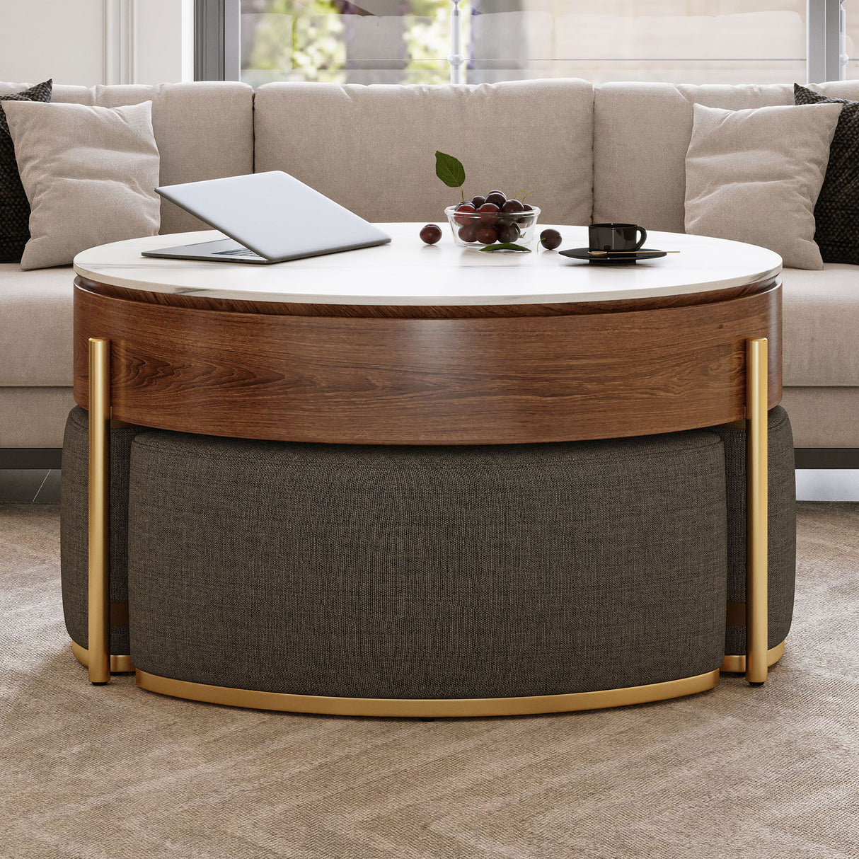 Lift Top Round Coffee Table With Hidden Storage, 3 Upholstered Nesting Ottomans - Brown / Gray / Golden / White