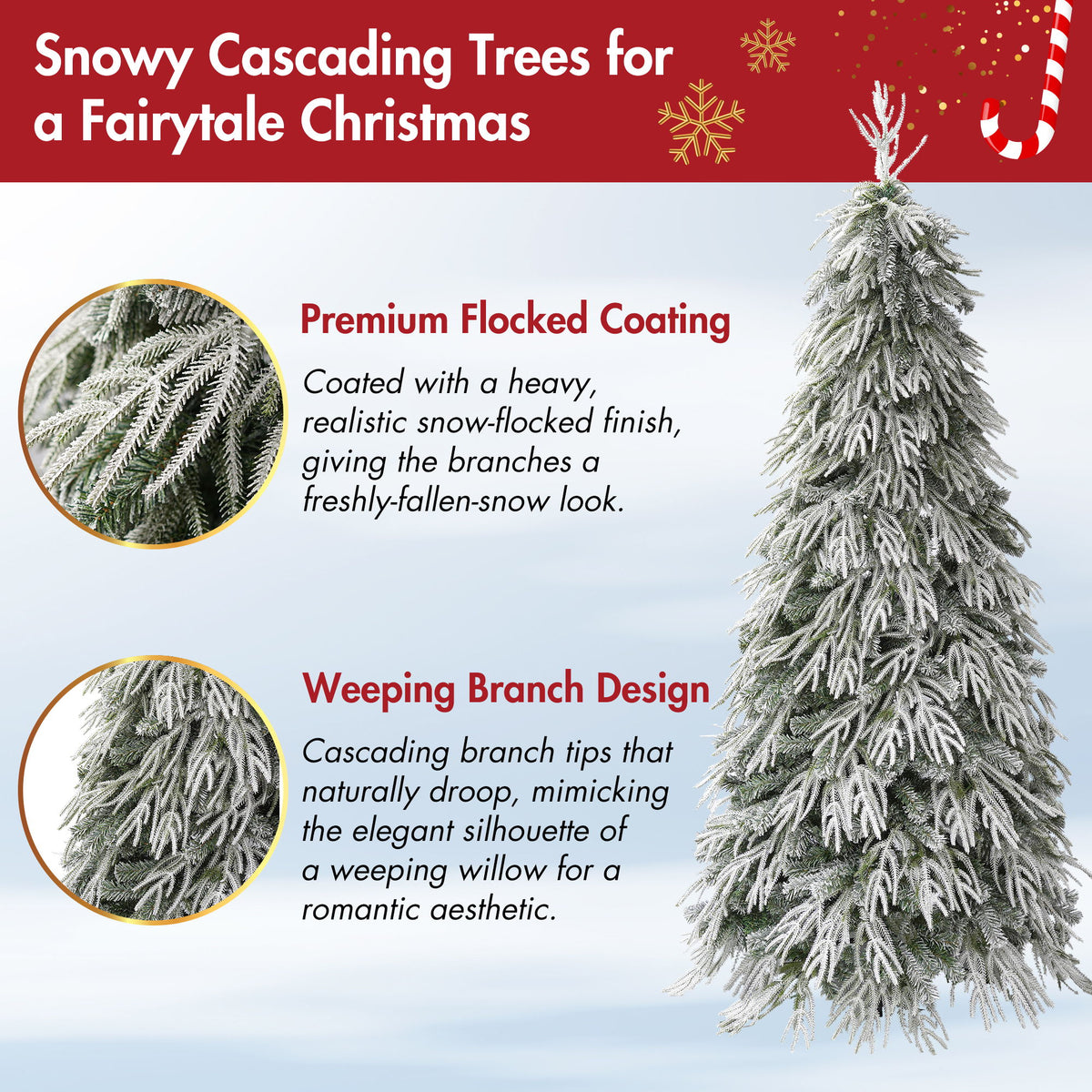 Snowy Cascading Christmas Trees 3 Piece Set With Warm LED Lighting, Flocked Weeping Branches, Multi Level Indoor Decor - Green