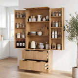 Fluted Kitchen Pantry Cabinet With 2 Large Drawers & 8 Door Spice Rack Freestanding Storage Organizer - Oak
