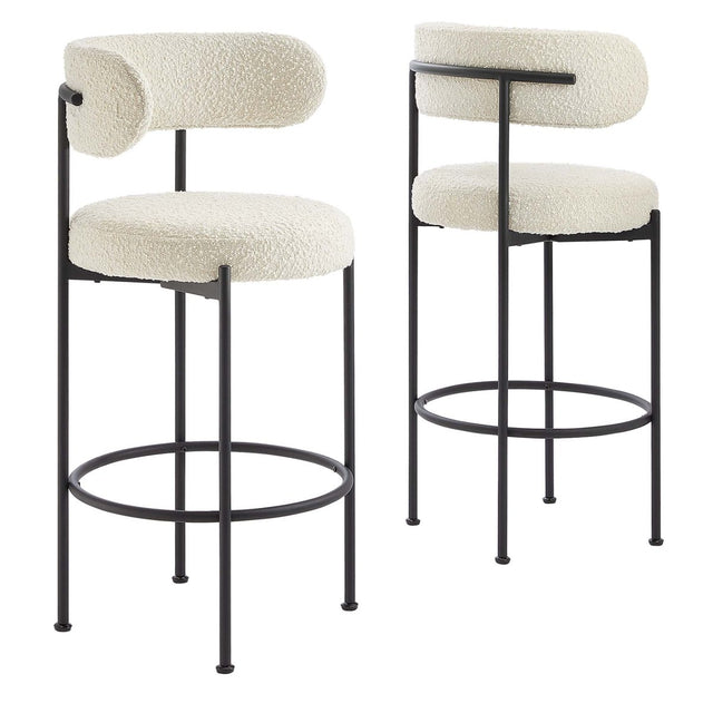 29 Inch Ivory and Black Curved Back Boucle Fabric Bar Stools Set of 2 - Stools available at Alpine Outlets in Denver