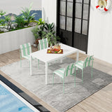 4 Piece Set Of Striped Color Blocking Single Chairs With Long Table - Cream White / Haze Green / White