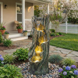 Tree Trunk Cascading Water Fountain, Outdoor LED Lighted - Gray
