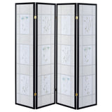 4 Panel Folding Screen With Floral Motif - Black