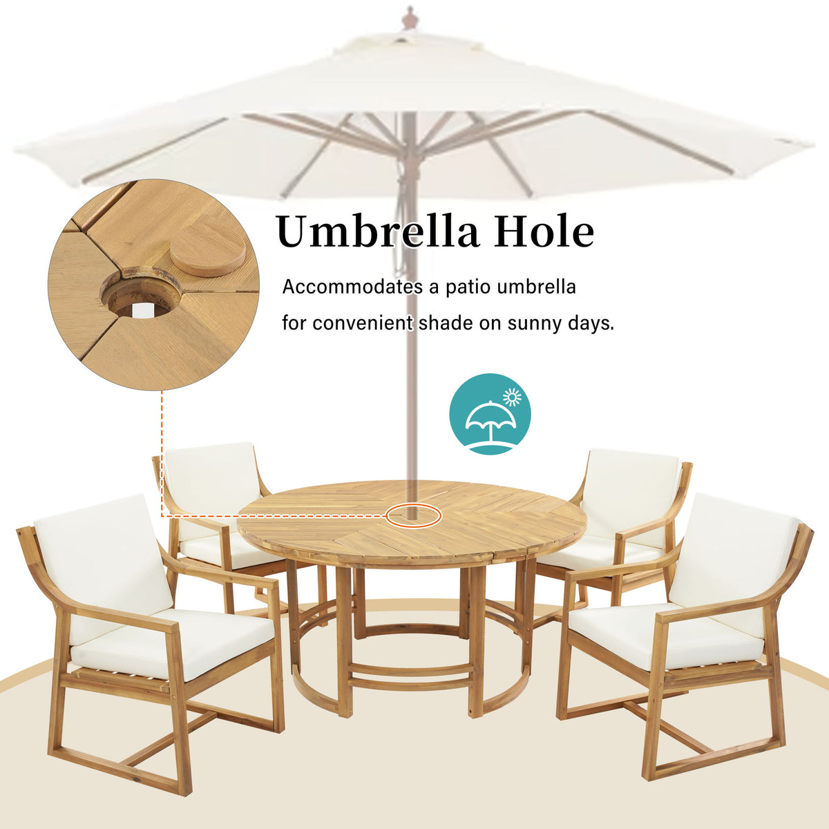 5 Piece Outdoor Dining Set, Patio Table And Chairs With Umbrella Hole