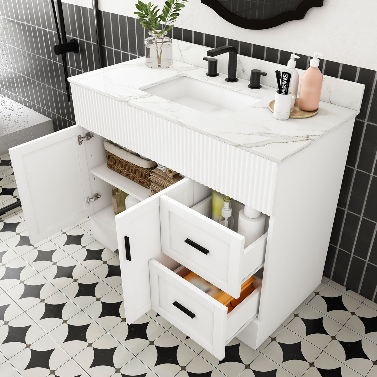 Bathroom Vanity Set, Fluted Cabinet With Soft Close Doors & Drawers, 3 Faucet Holes, Sink Included - White