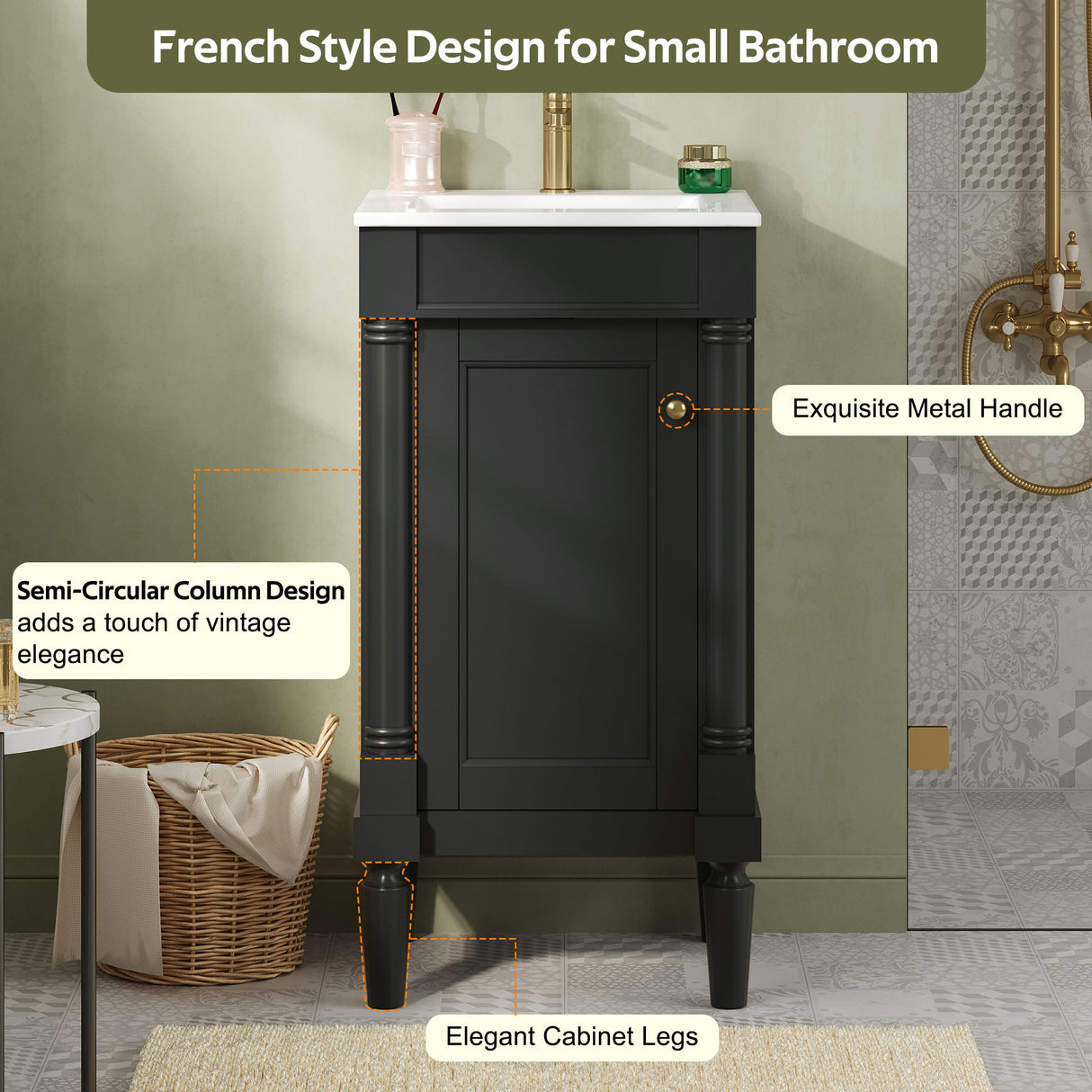French Style Bathroom Cabinet With Sink, Adjustable Shelf