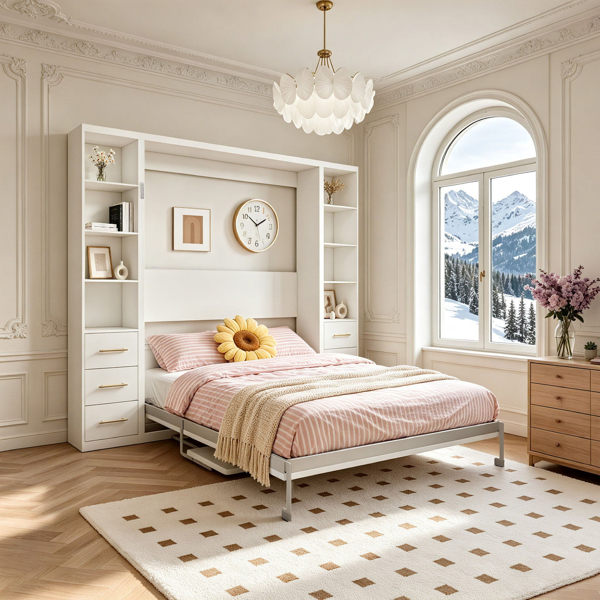 Queen Size Murphy Wall Bed With Side Storage Cabinets - White