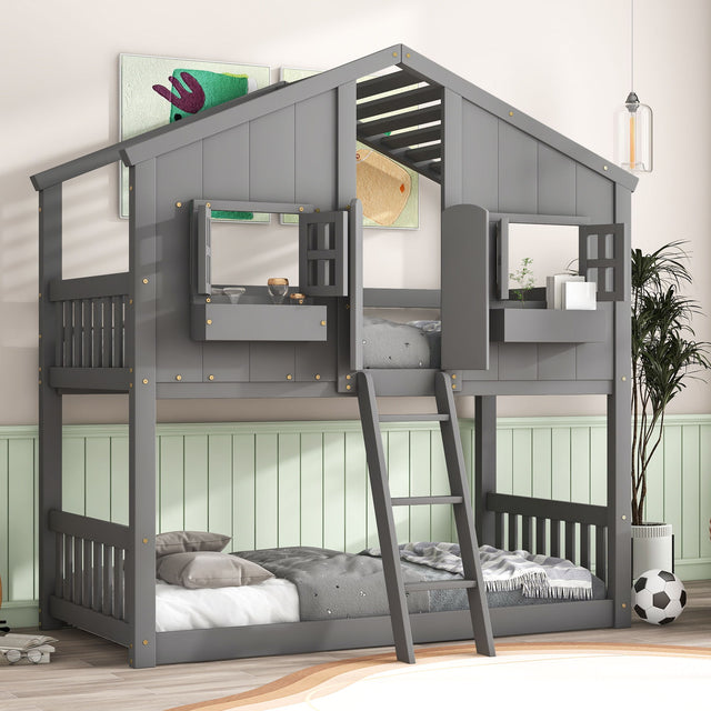 House Bunk Bed With Roof, Window, Window Box, Door, With Safety Guardrails And Ladder - Bunk Beds - Alpine Outlets