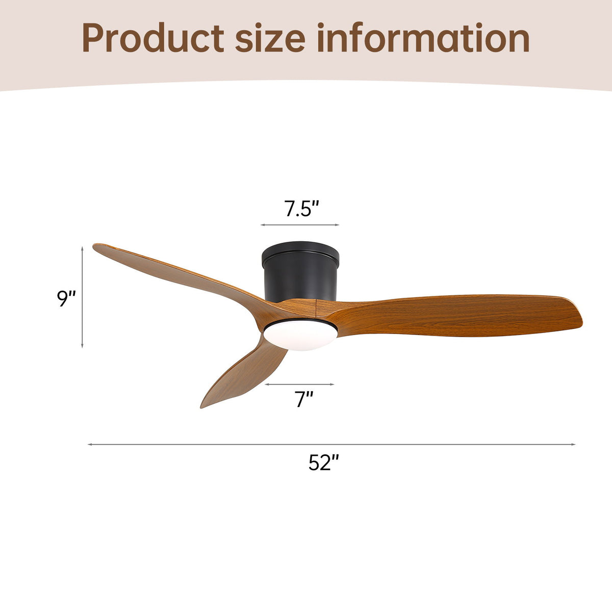 Flush Mount Ceiling Fan With Dimmable LED Light, 3 Blades, Reversible DC Motor Blades For Living Room