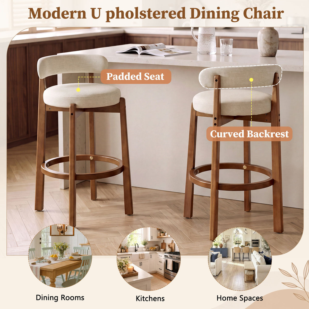 Bar Stool With Curved Backrest, Rounded Edges, And Footrest (Set of 2) - Beige / Walnut