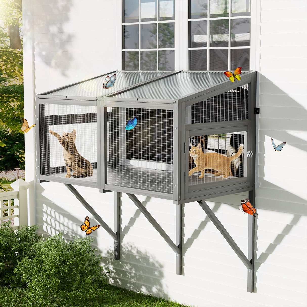 Window Perch Catio For Indoor Cats, Expandable Enclosure With Secure Frame And Waterproof Roof, Suitable For Multiple Kittens - Gray