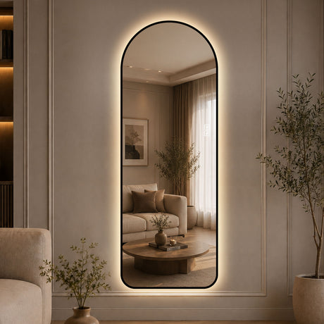 65" X 24" Arched LED Full Length Mirror With Frame, 3 Color Temperatures & Stepless Dimming - Black
