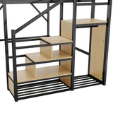 Queen Size Loft Bed & Stairs, Storage Shelves, Wardrobe - Black / Wood