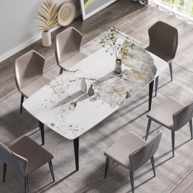 70.87" Modern Artificial Stone Pandora White Curved Black Metal Leg Dining Table - Antique White - Dining Tables - Alpine Outlets