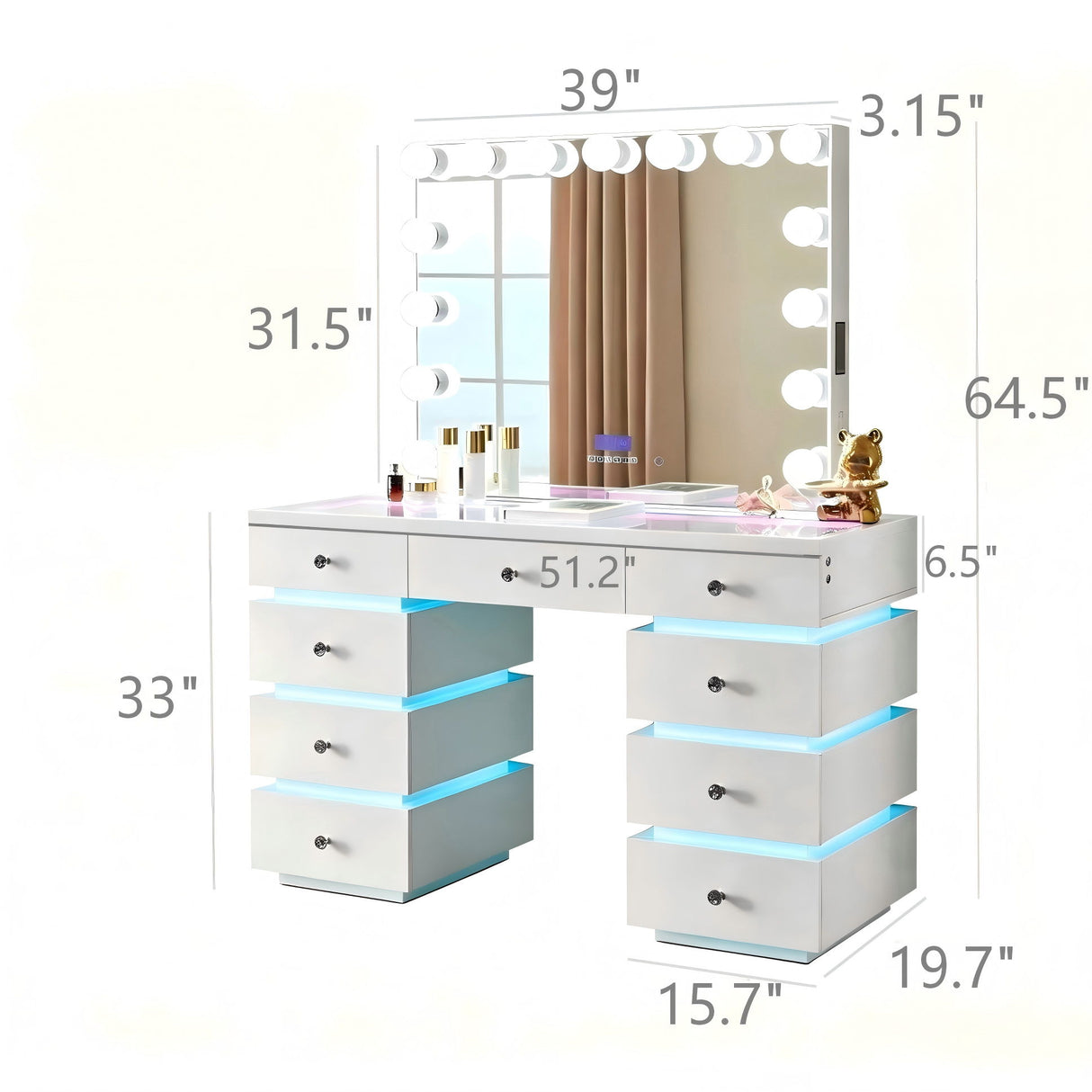 LED Lighted Makeup Vanity Desk With 15 Bulbs Mirror, RGB Light Drawers, 9 Drawers Dressing Table For Bedroom - Gloss White