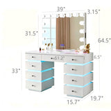 LED Lighted Makeup Vanity Desk With 15 Bulbs Mirror, RGB Light Drawers, 9 Drawers Dressing Table For Bedroom - Gloss White