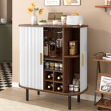 Fluted Wine Bar Cabinet With 8 Grid Wine Rack, 5 Level Adjustable Shelves, 2 Glass Holders