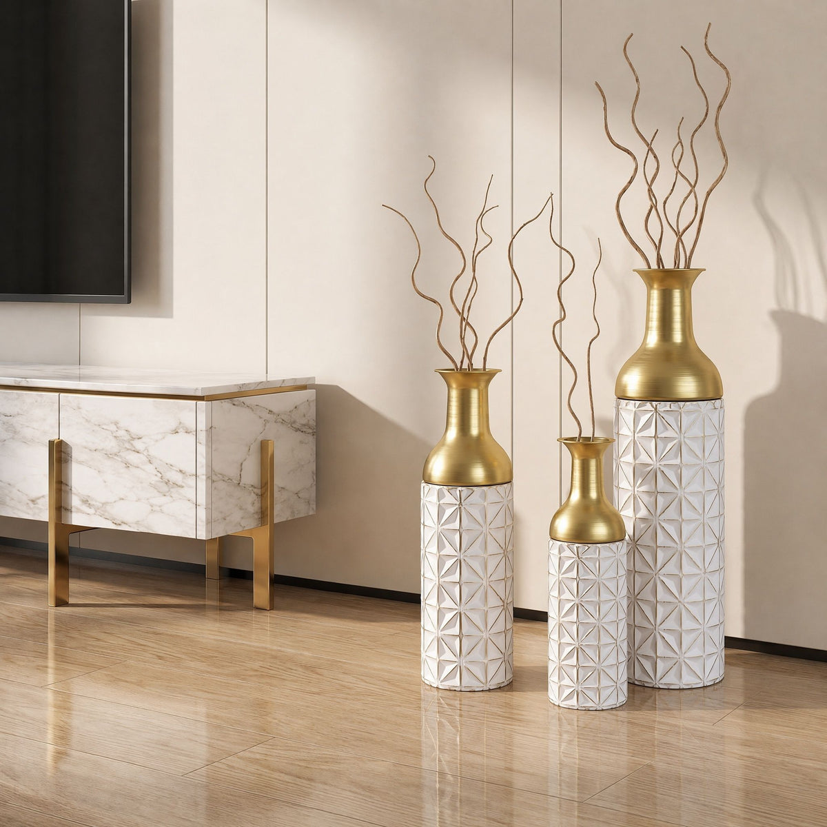 Tall Textured Geometric Decorative Floor Vases Home Decor (Set of 3) - White / Gold
