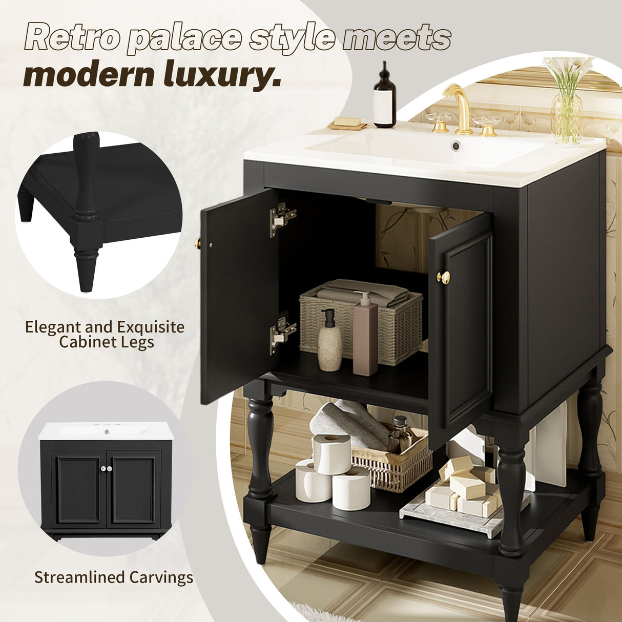 Modern Bathroom Vanity With Sink, Rectangular Cabinet With Open Shelf And Closed Storage