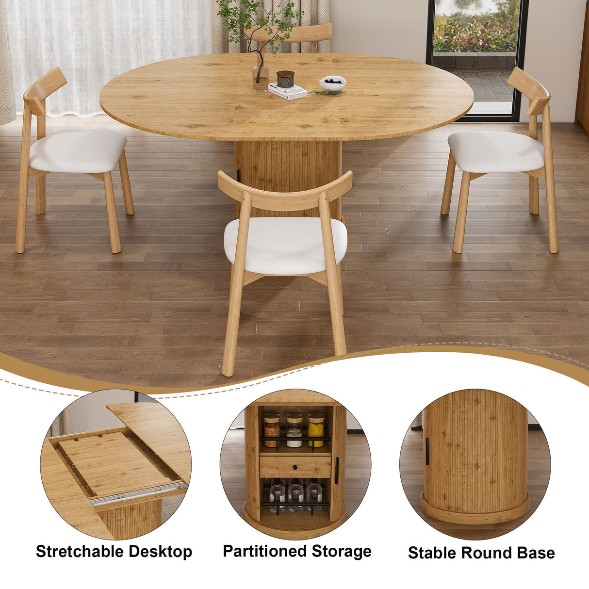 Extendable Oval Dining Table Set With 4 Cushioned Chairs, 2 Tier Storage - Oak