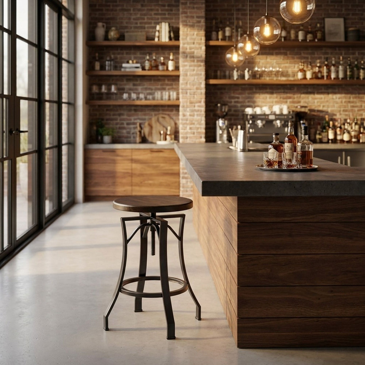 Winslow - Adjustable Height Metal Barstool With Wood Seat - Walnut