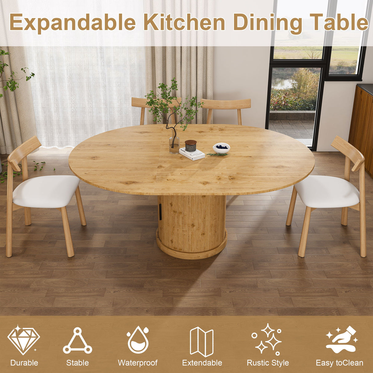 Extendable Oval Dining Table Set With 4 Cushioned Chairs, 2 Tier Storage - Oak