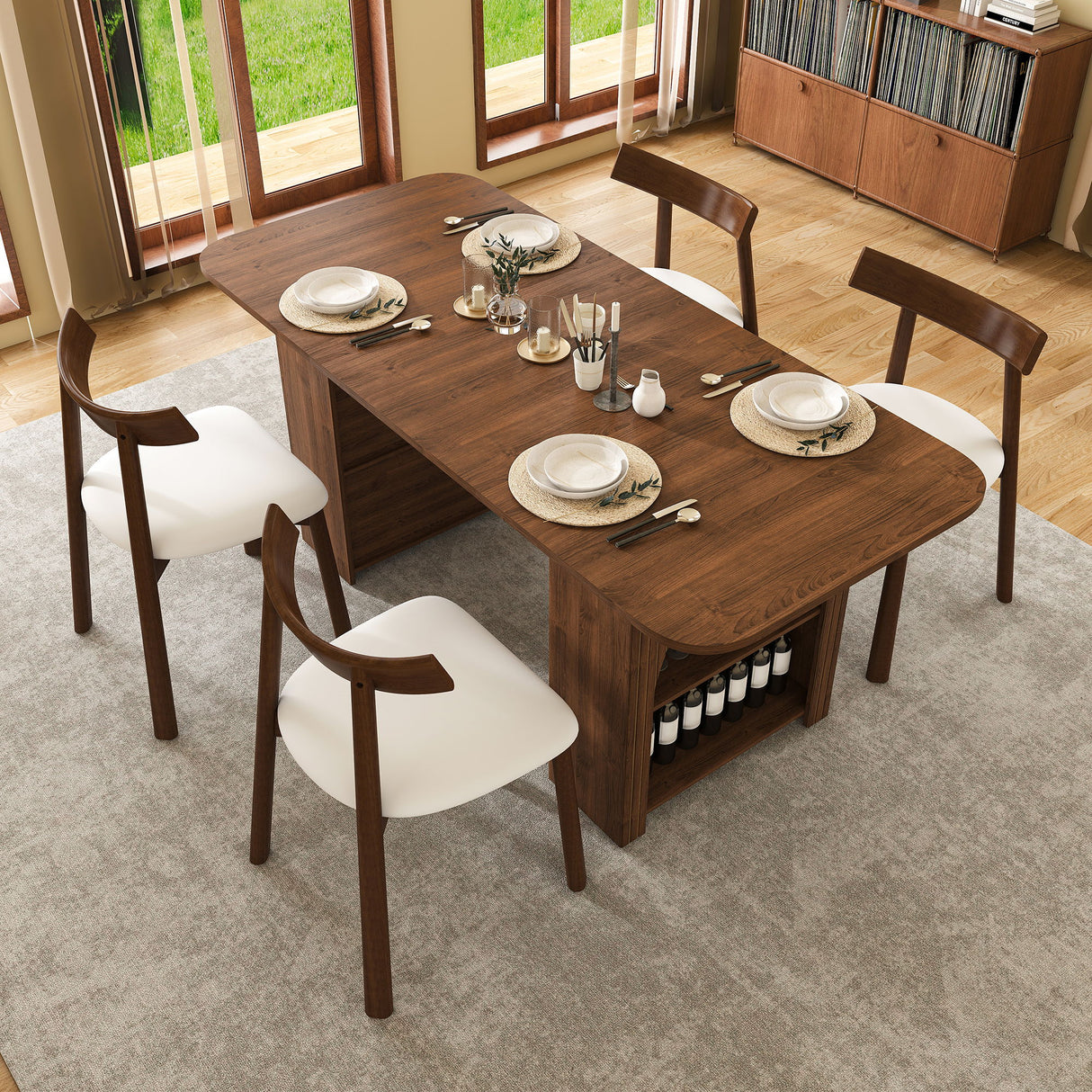Dining Set With 4 Chairs, Table With Drawers & Open Shelf - Walnut