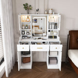 Large Vanity Table Set With Mirror, 6 Drawers & Shelves, Power Socket, Hair Dryer Holder, Cabinet Light, Dressing Desk - White