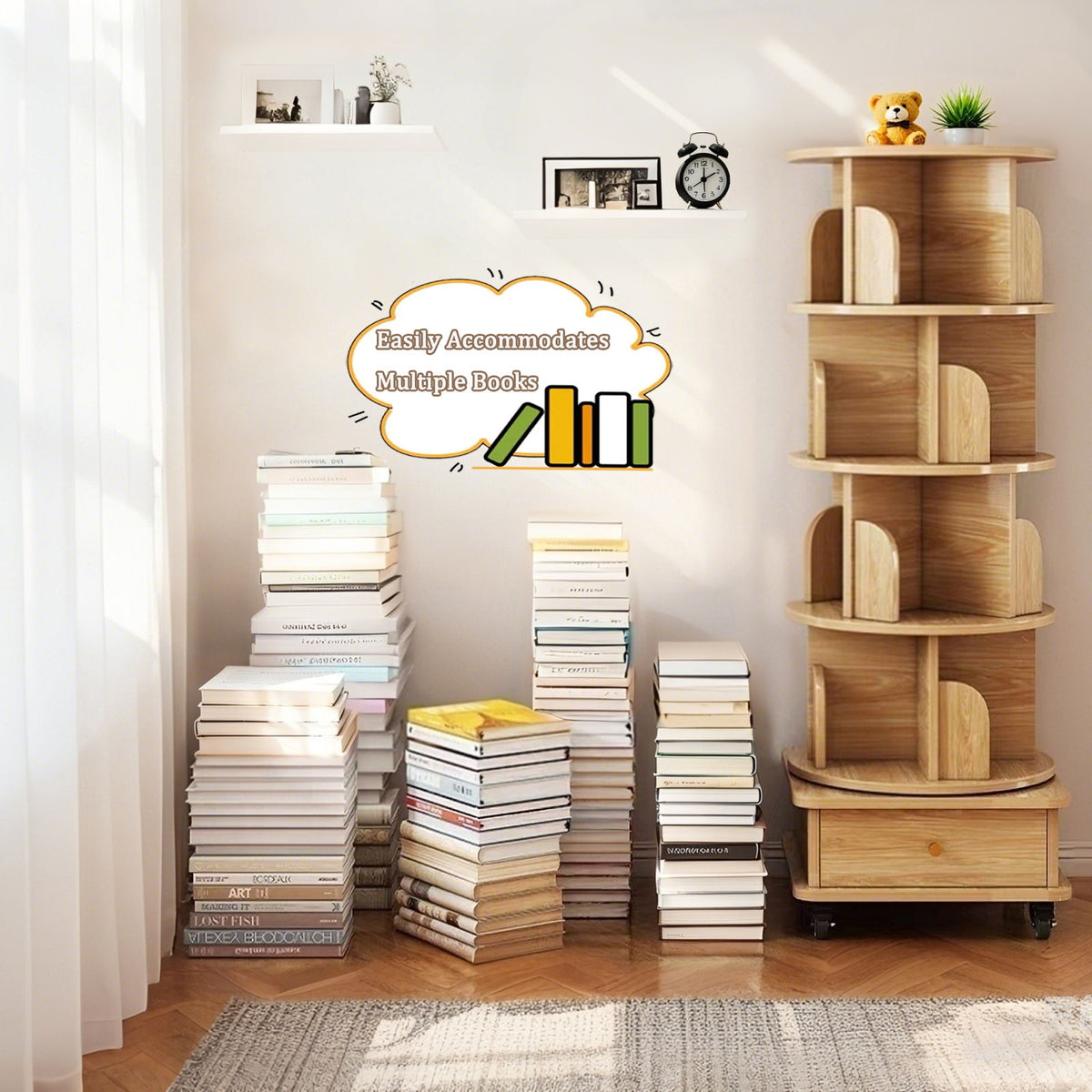 Rotating Bookshelf With Wheels And Drawer, 360° Spinning Design, Space Saving Storage