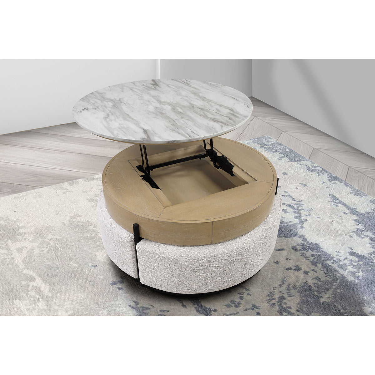 Rounded Storage Coffee Table With 3 Stools