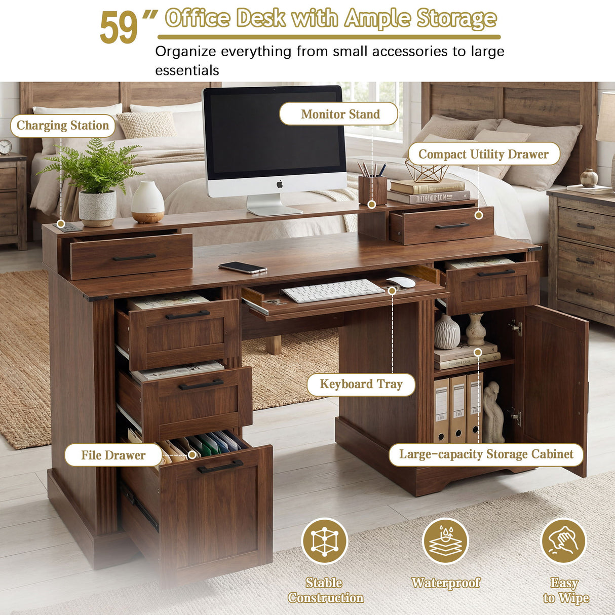 Office Desk With Charging Station & Storage Cabinet