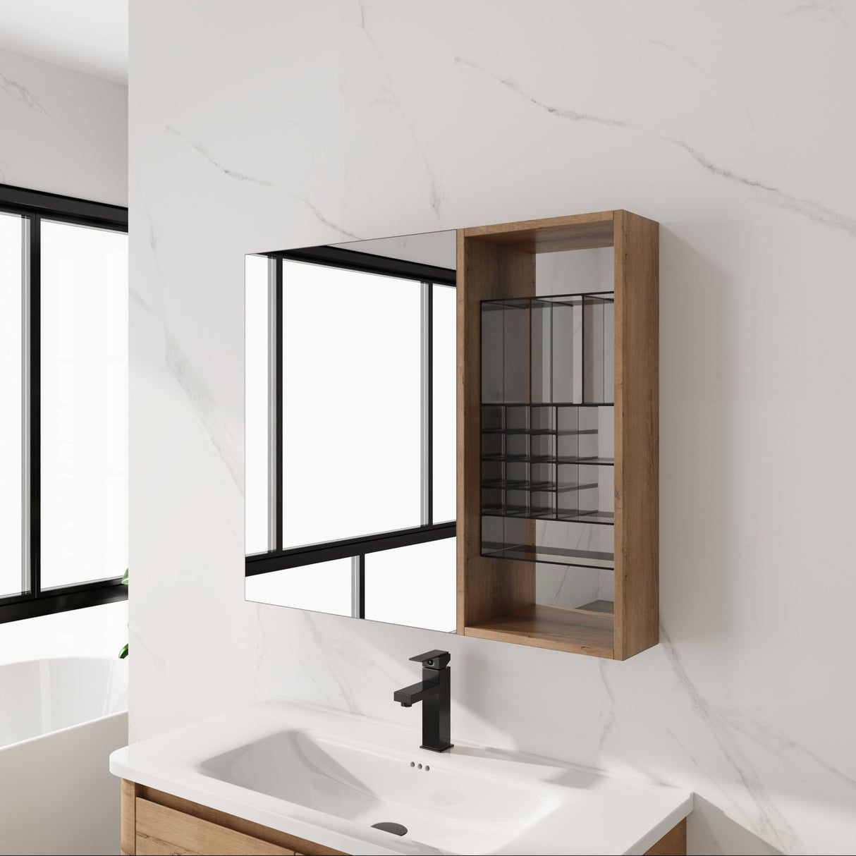 Wall Mounted Bathroom Mirror Cabinet With Adjustable Shelves - Imitative Oak
