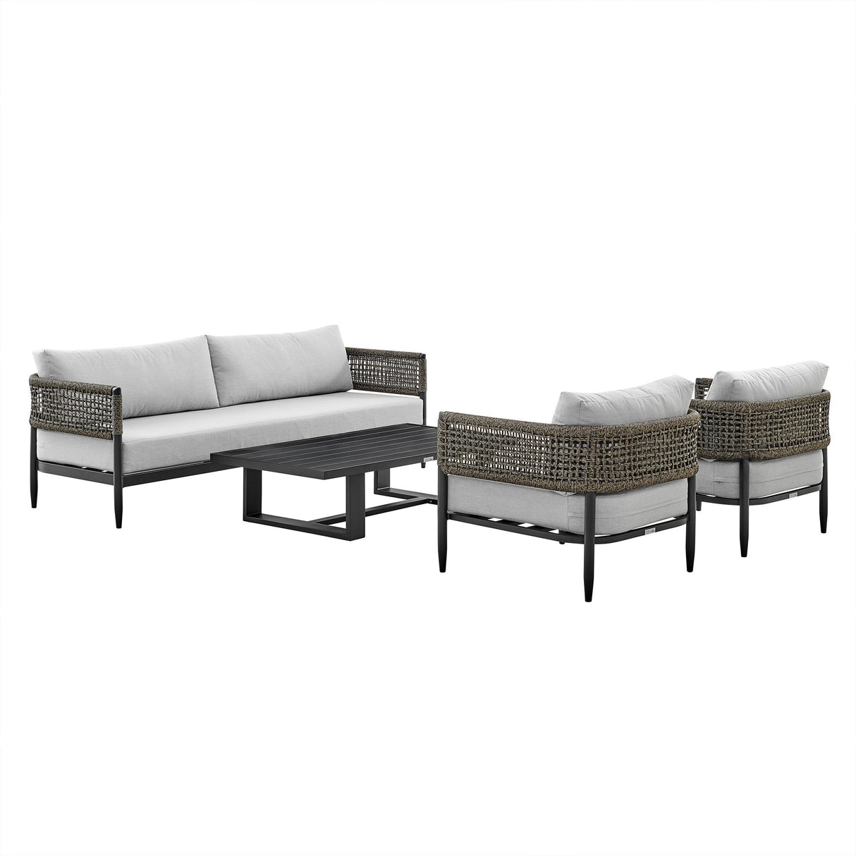 Alegria - 4 Piece Outdoor Black Aluminum & Rope Conversation Set With Light Gray Fabric Cushions