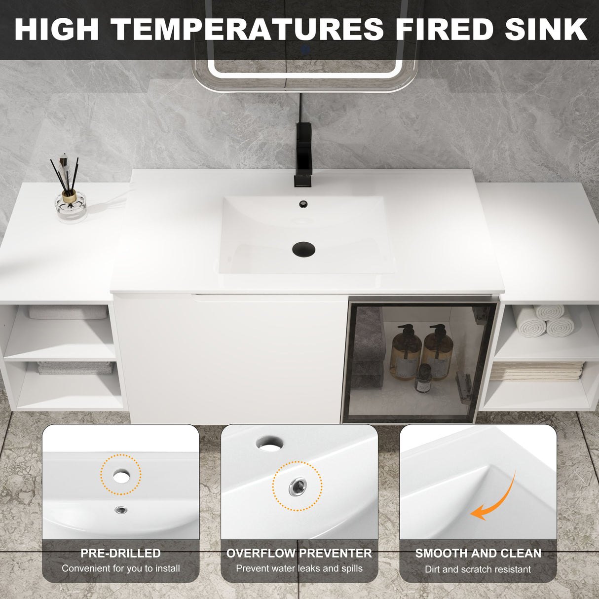 Wall Mounted Bathroom Vanity With Sink, Cabinet & Half Door