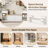Entryway Storage Bench With Cushion, Drawers & Open Shelves