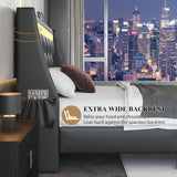 Wingback Upholstered Bed Frame With LED Lights, Charging Station
