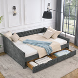 Queen Size Upholstered Daybed With Tufted Back And Nail Trimmed Waved Arms - Gray