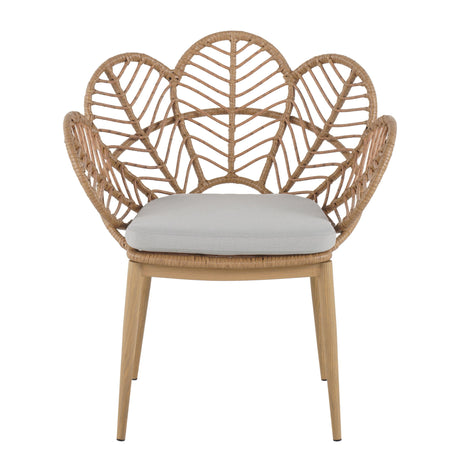 Kirk - Outdoor Wicker Peacock Shape Papasan Style Chair, Teak Finished Leg (Set of 2) - Beige / Light Brown / Light Teak