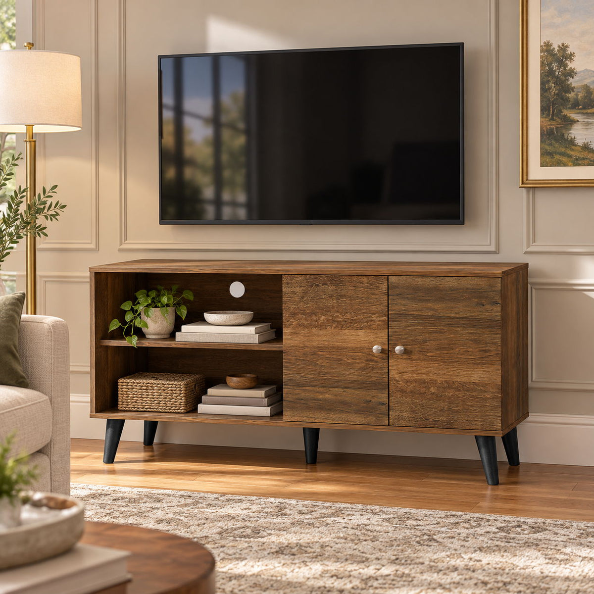 Amidon - TV Stand, With 2 Storage Shelves And 1 Cabinet