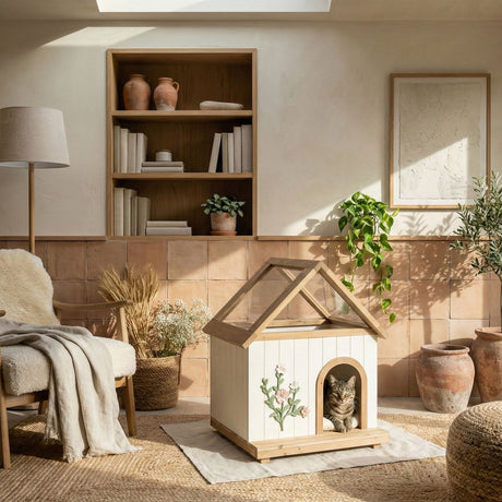 Daisy Cat House With Roof & Indoor Outdoor Pet Shelter For Cats & Small Dogs (11–25 Lbs) - White / Wood