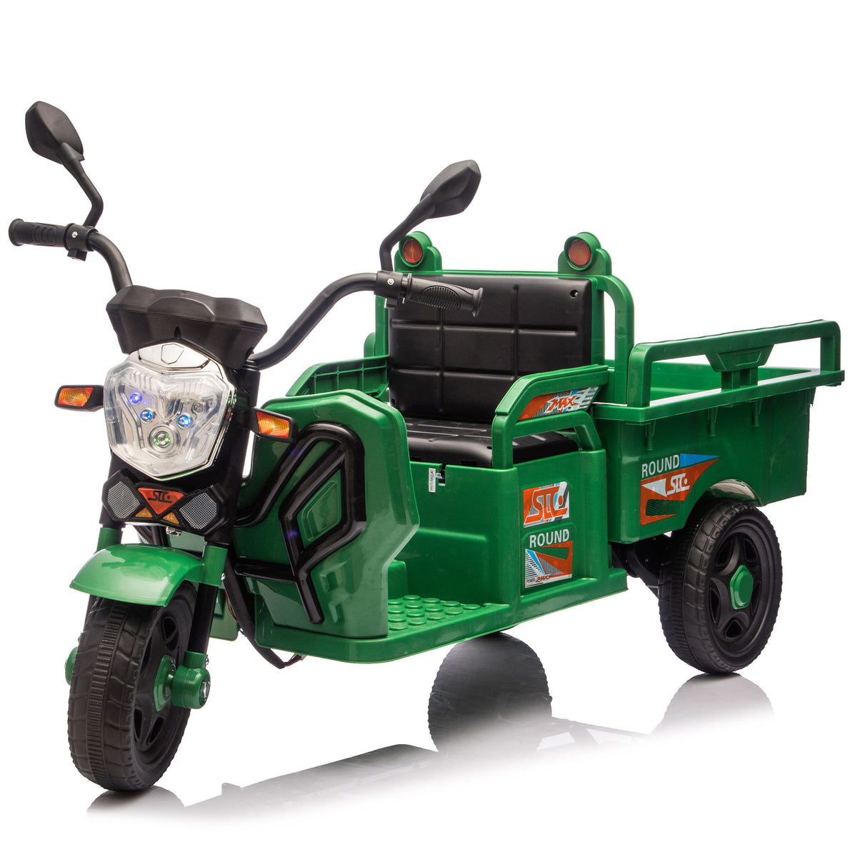 12V Kids Electric 3 Wheel Cargo Truck, 2Wd, Anti Slip Wheels, Large Storage, Extra Wide Seat With LED Lights & Music - Green