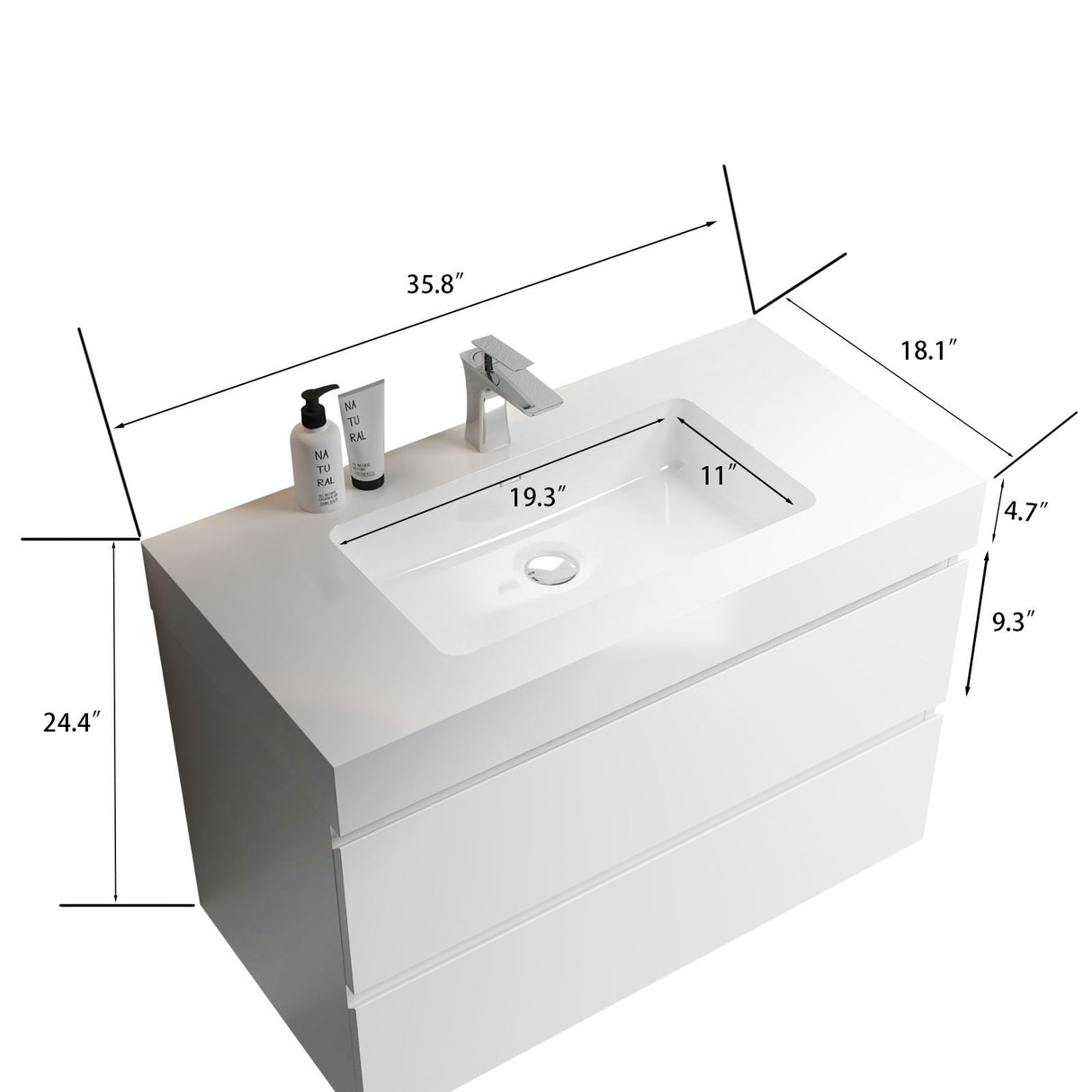 Alice - Bathroom Vanity With Large Storage, Sink Wall Mounted Floating Bathroom Vanity For Modern Bathroom, One-Piece Sink Basin Without Drain And Faucet