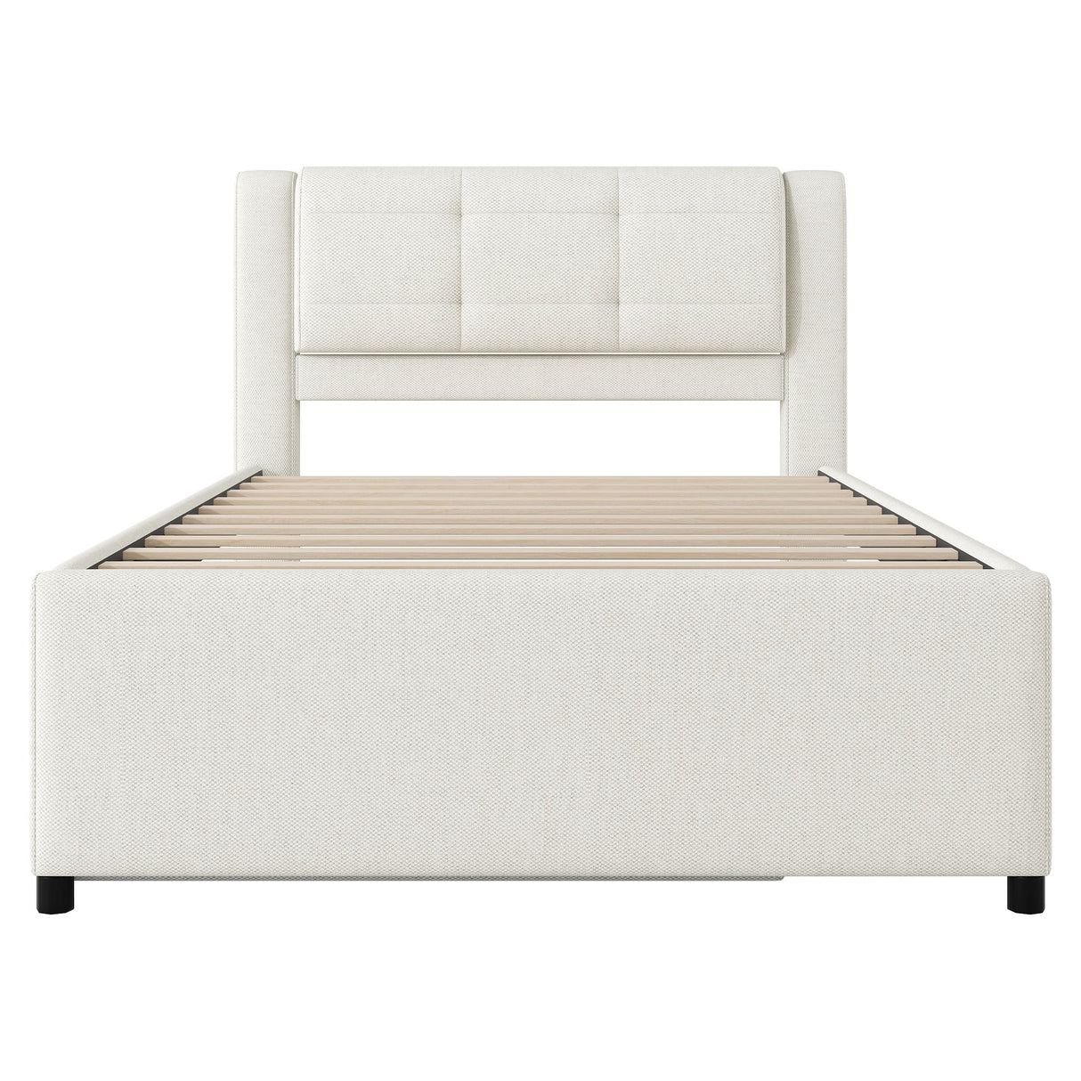 Full Size Upholstered Platform Bed With Adjustable Trundle - Beige