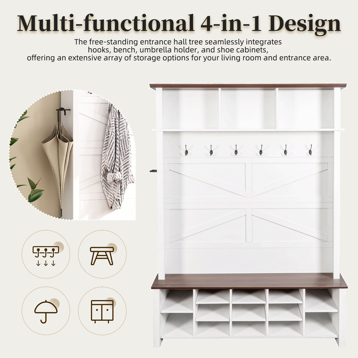 4 In 1 Hall Tree With 6 Hooks, Entryway Bench With Adjustable Shelves - White