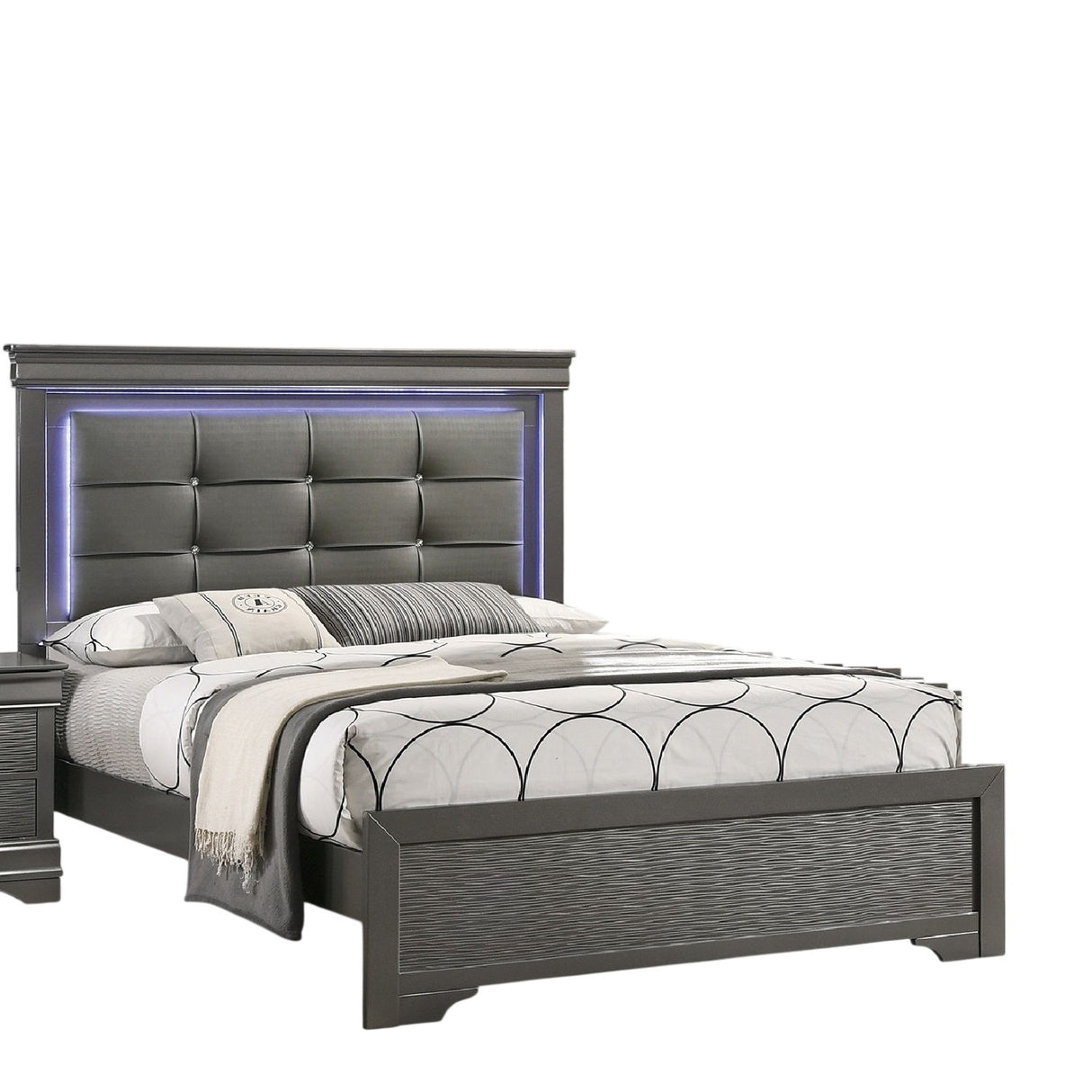 Bed With Square Button Tufting And LED Lights