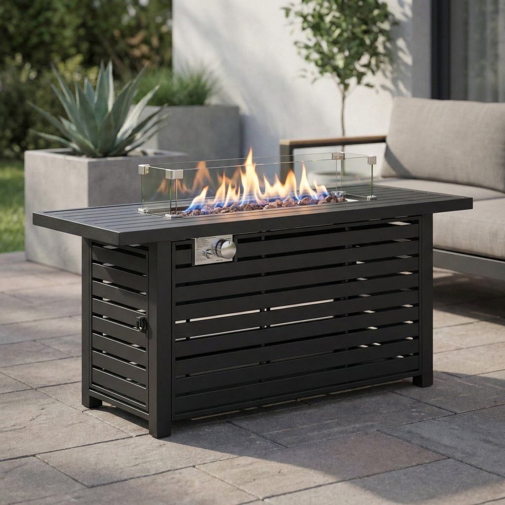 Propane Fire Pit Table Outdoor Heater Steel Construction with Lid 42x24in Black