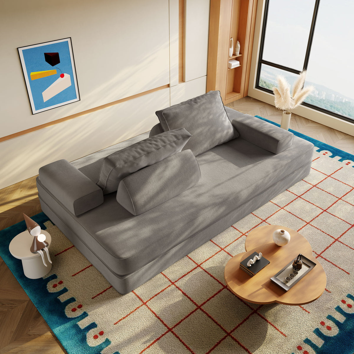 Multifunctional Convertible Sofa Bed With 2 Tumbler Backrests And 2 Pillows, Deep Seat Couch