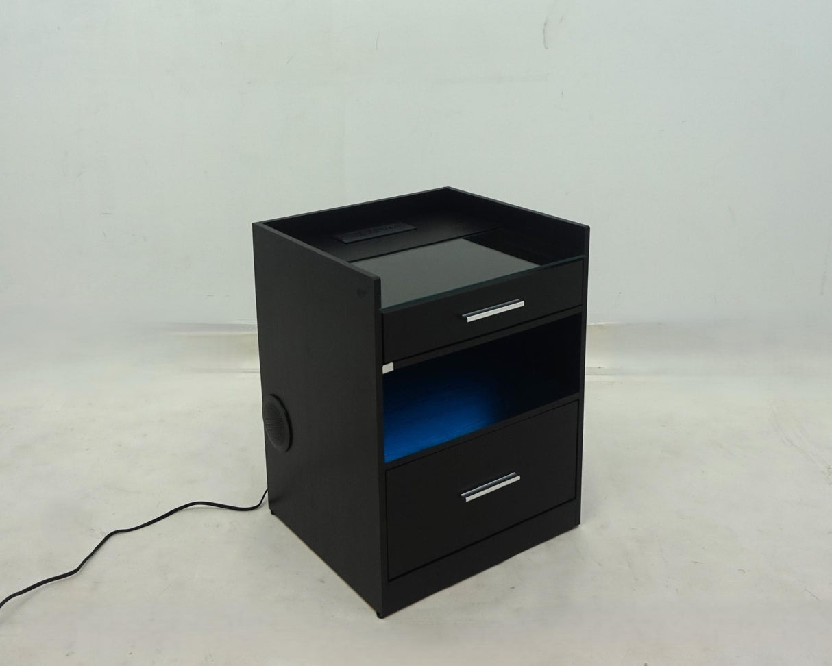 Furda 2-Drawer LED Nightstand with Bluetooth Speaker, Black Ash