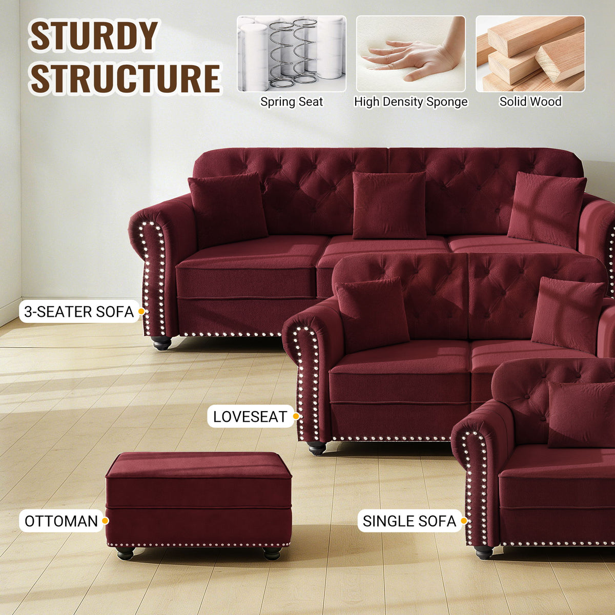 Upholstered 3 Seater Sofa Set With Ottoman