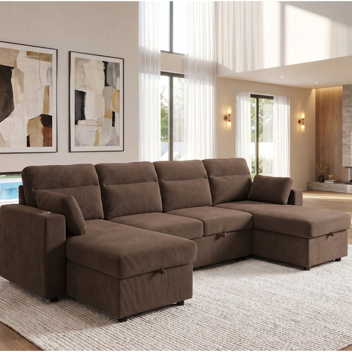 Convertible Sectional Sofa With Storage Chaise, Cup Holders And Pull Out Sleeper